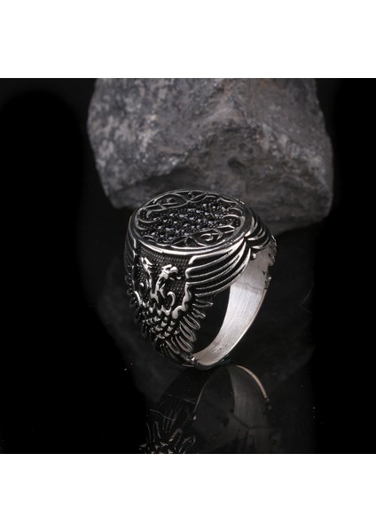 Kartal Motifli Mini Zirkon Taşlı 925 Ayar Gümüş Yüzük