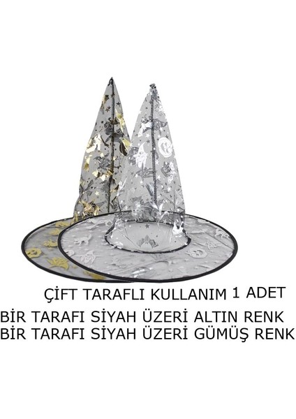 Halloween Çift Taraflı Altın Gümüş Renk Ürkünçler Desenli Yetişkin Çocuk Uyumlu Transparan Cadı Şapkası 1 Adet fiyatları