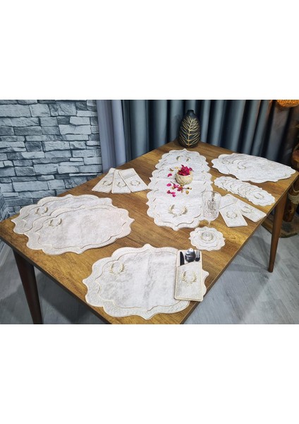 Fiyonk Nakışlı 19 Parça Amerikan Servis Seti Krem Cappucino