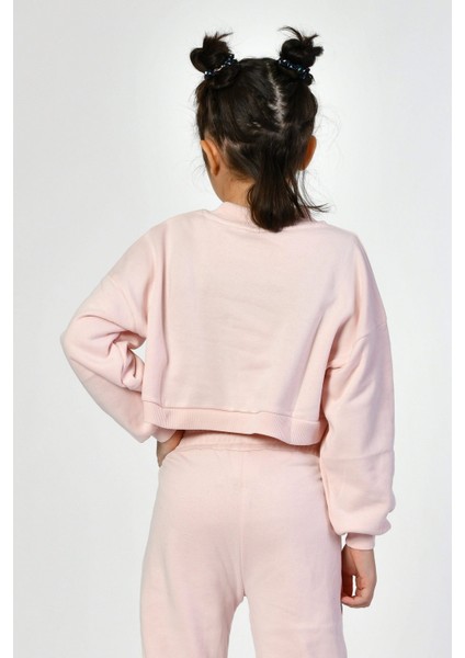 Bisiklet Yaka Crop Kız Çocuk Sweatshirt - Pembe Pembe - 8-10 Yaş