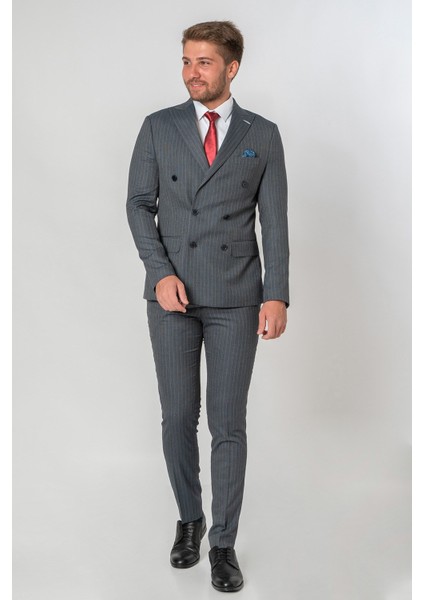 Gjøvik Slim Fit Likralı T117 Kruvaze 6 Drop Takım Elbise Desenli