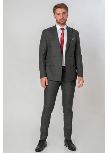 Egersund Slim Fit Likralı T113 Kruvaze 6 Drop Takım Elbise Desenli