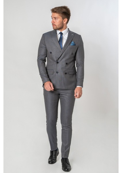 Farsund Slim Fit Likralı T114 6 Drop Kruvaze Takım Elbise Desenli