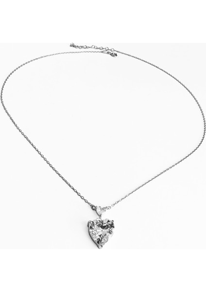 Beyaz Taşlı Çift Kalpli Gümüş Kolye