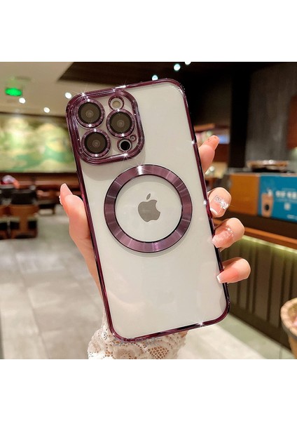 Apple Iphone 14 Pro Uyumlu Kılıf Kamera Lens Korumalı Derin Mor Kenarlı Parlak Magsafe Halkalı Wireless Şarj Özellikli Renkli Magsafe Halkalı Clear Gbox Pixel