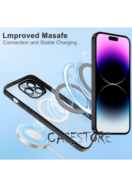 Apple Iphone 14 Pro Uyumlu Kılıf Kamera Lens Korumalı Derin Mor Kenarlı Parlak Magsafe Halkalı Wireless Şarj Özellikli Renkli Magsafe Halkalı Clear Gbox Pixel