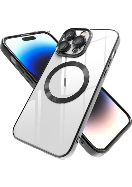 Apple Iphone 14 Pro Uyumlu Kılıf Kamera Lens Korumalı Derin Mor Kenarlı Parlak Magsafe Halkalı Wireless Şarj Özellikli Renkli Magsafe Halkalı Clear Gbox Pixel