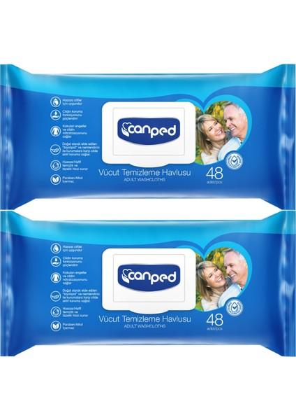 Hasta Vücut Perine Temizleme Islak Mendil Havlu 48 Yaprak Xl (2 Li Set) Plastik Kapaklı