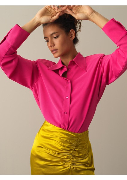 Kadın Fuşya Vatkalı Oversize Gömlek