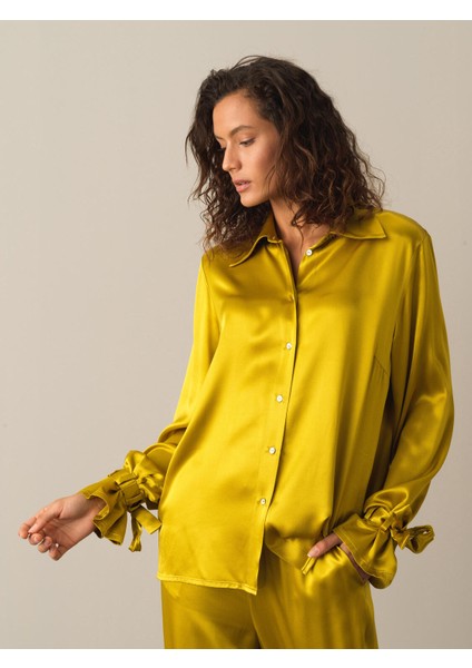 Kadın Sarı Oversize Saten Gömlek