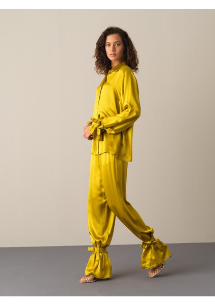 Kadın Sarı Oversize Saten Gömlek modelleri