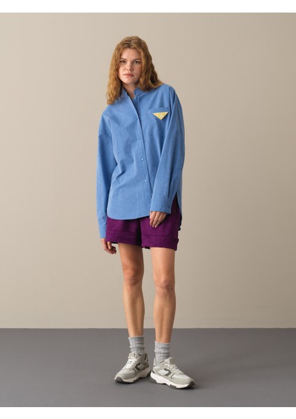 Kadın Mavi Hakim Yaka Oversize Gömlek
