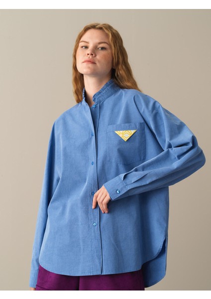 Kadın Mavi Hakim Yaka Oversize Gömlek modelleri