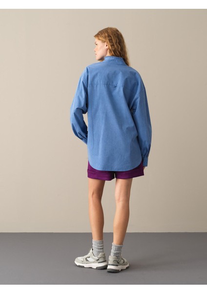 Kadın Mavi Hakim Yaka Oversize Gömlek indirimleri