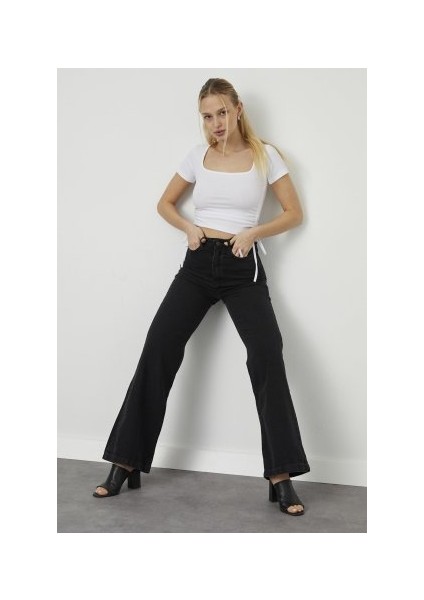 Kadın Siyah Yüksek Bel Geniş Paça Wide Leg Kot Pantolon