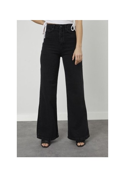 Kadın Siyah Yüksek Bel Geniş Paça Wide Leg Kot Pantolon