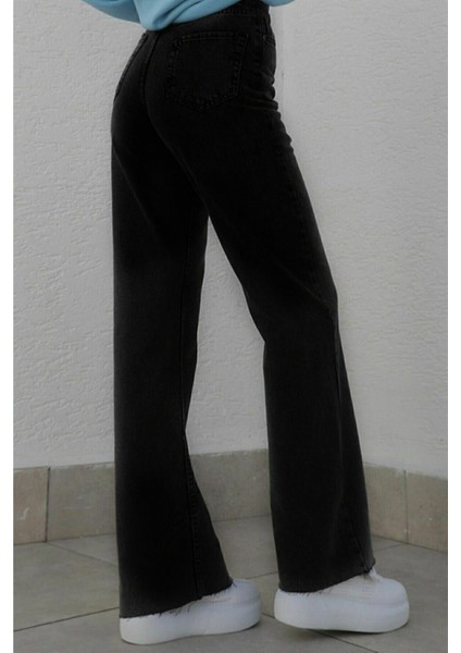 Kadın Siyah Yüksek Bel Geniş Paça Wide Leg Kot Pantolon