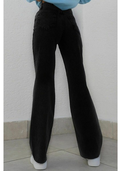 Kadın Siyah Yüksek Bel Geniş Paça Wide Leg Kot Pantolon