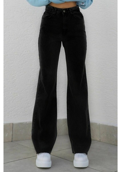 Kadın Siyah Yüksek Bel Geniş Paça Wide Leg Kot Pantolon