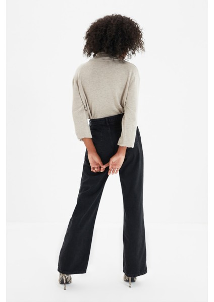 Kadın Siyah Yüksek Bel Geniş Paça Wide Leg Kot Pantolon