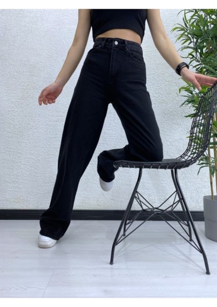 Kadın Siyah Yüksek Bel Geniş Paça Wide Leg Kot Pantolon