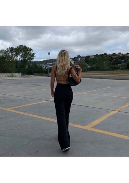 Kaylee Siyah Likralı Salaş Wide Leg Yüksek Bel Kot Pantolon