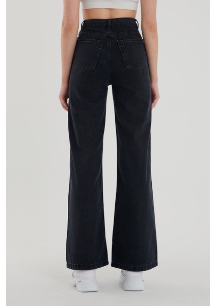 Kadın Siyah Yüksek Bel Geniş Paça Wide Leg Kot Pantolon