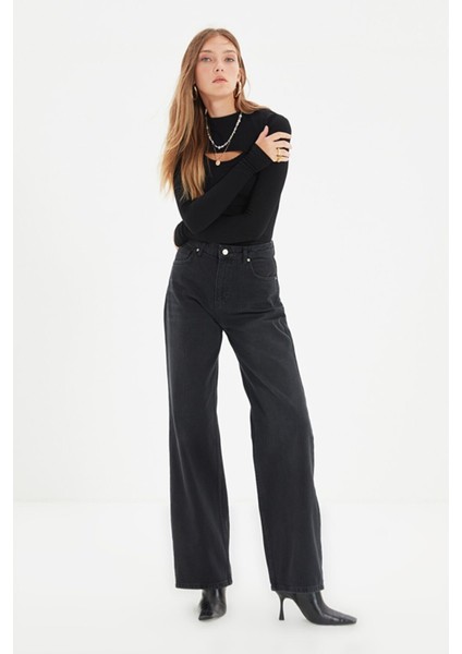 Makaron Siyah Likralı Süper Yüksek Bel Wide Leg Jean Salaş Paça Kot Pantolon