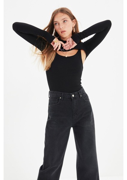 Makaron Siyah Likralı Süper Yüksek Bel Wide Leg Jean Salaş Paça Kot Pantolon