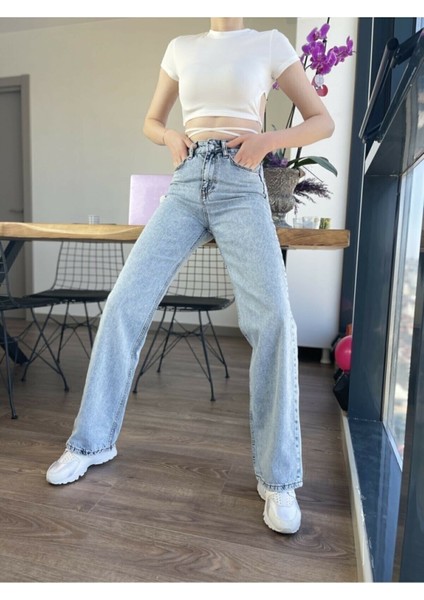 Lovato Mavi Likralı Süper Yüksek Bel Wide Leg Jean Salaş Geniş Paça Pantolon