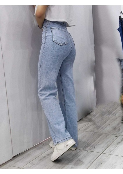Lovato Mavi Likralı Süper Yüksek Bel Wide Leg Jean Salaş Geniş Paça Pantolon