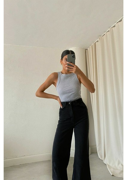 Saudade Siyah Likralı Süper Yüksek Bel Wide Leg Jean Salaş Geniş Paça Kot Pantolon