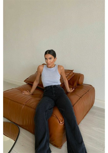 Saudade Siyah Likralı Süper Yüksek Bel Wide Leg Jean Salaş Geniş Paça Kot Pantolon