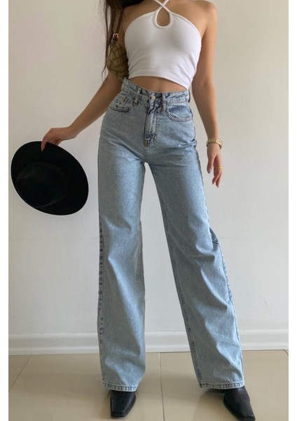 Daffy Açık Mavi Kar Yıkama Süper Yüksek Bel Bol Paça Denim Kot Pantolon