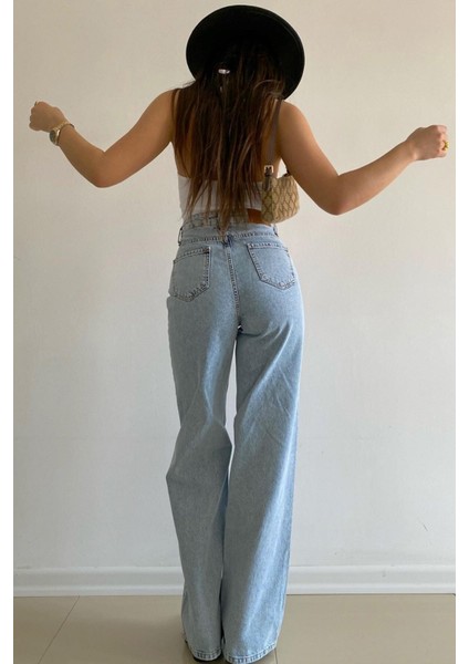 Daffy Açık Mavi Kar Yıkama Süper Yüksek Bel Bol Paça Denim Kot Pantolon