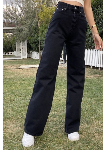 Kadın Siyah Süper Yüksek Bel Bol Paça Jeans - Likralı Wide Leg Kot Pantolon fiyatları