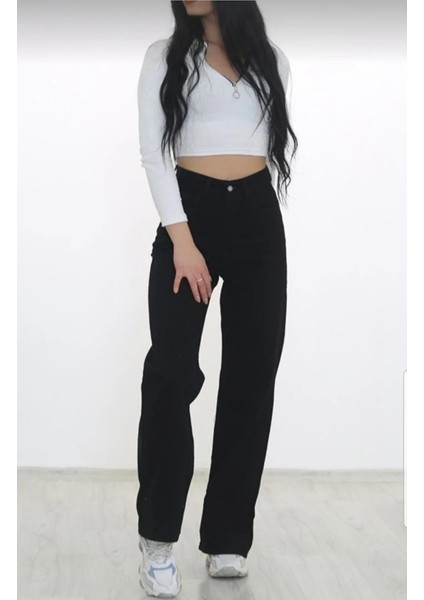 Siyah Süper Yüksek Bel Wide Leg Jeans Likralı Bol Paça Kot Pantolon modelleri