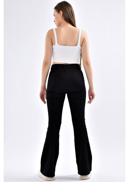 Kadın Selana Siyah Likralı Extra Yüksek Bel Ispanyol Paça Kot Pantolon fırsatları