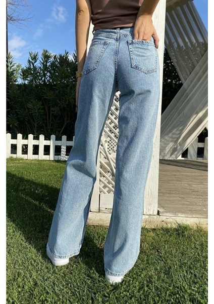 Kadın Mavi Kar Yıkama Süper Yüksek Bel Likralı Bol Paça Denim Kot Pantolon
