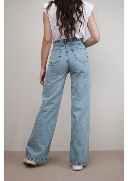 Kadın Mavi Kar Yıkama Salaş Süper Yüksek Bel Likralı Bol Paça Denim Kot Pantolon