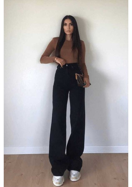 Yade Siyah Yüksek Bel Likralı Bol Paça Kot Pantolon- Wide Leg