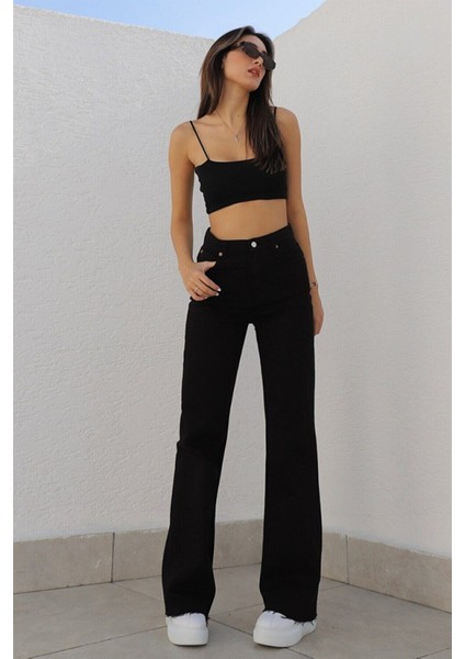 Solmaz Siyah Likralı Bol Paça Jean -Bol Wide Leg Kot Pantolon