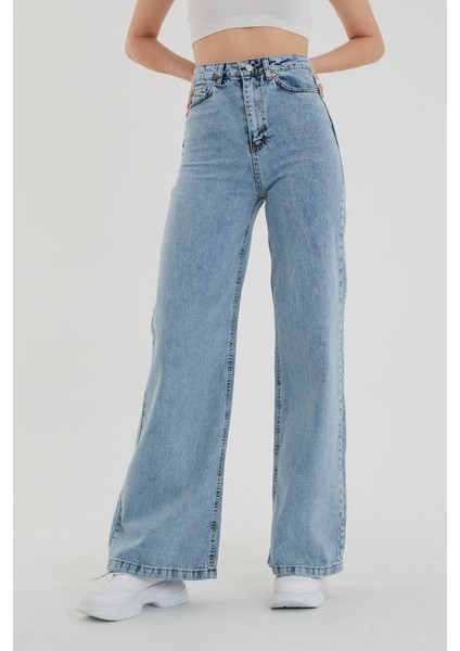 Nevada Likralı Kadın Mavi Süper Yüksek Bel Bol Paça Denim Kot Palazzo Pantolon