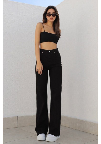 Solmaz Siyah Likralı Bol Paça Jean -Bol Wide Leg Kot Pantolon fırsatları