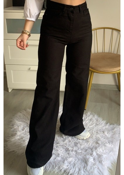 Khaleesi Kadın Solmayan Siyah Yüksek Bel Bol Paça Denim Kot Pantolon