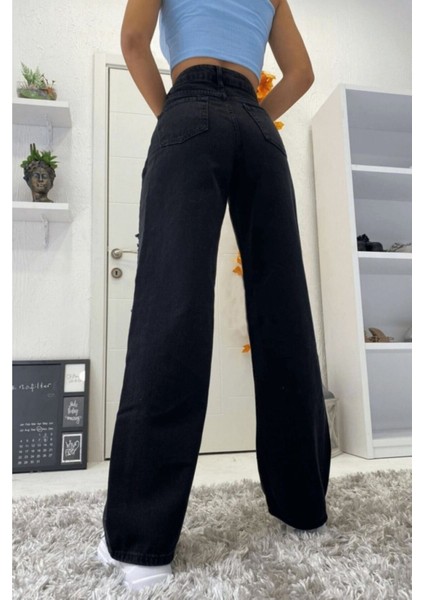 Lina Siyah Süper Yüksek Bel Wide Leg Jeans- Likralı Bol Paça Kot Pantolon