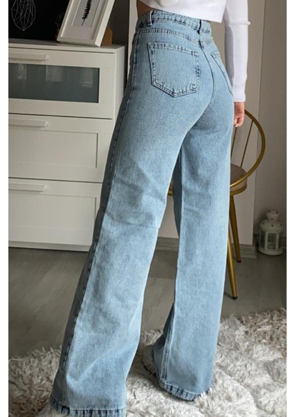 Kadın Glenda Mavi Kar Yıkama Yüksek Bel Likralı Bol Paça Denim Kot Pantolon