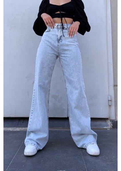 Kadın Lebron Mavi Kar Yıkama Yüksek Bel Bol Paça Denim Kot Pantolon- Salaş Pantolon modelleri