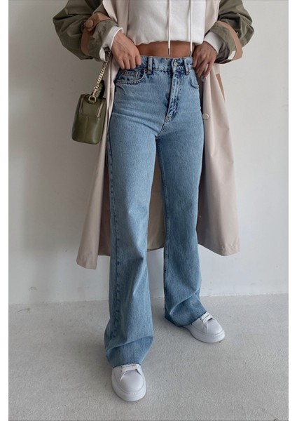 Nevada Likralı Kadın Mavi Süper Yüksek Bel Bol Paça Denim Kot Palazzo Pantolon