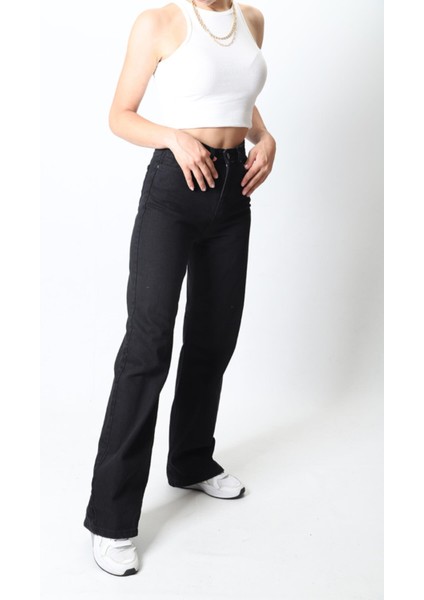 Siyah Likralı Wide Leg Jeans Süper Yüksek Bel Bol Paça Kot Pantolon indirimleri